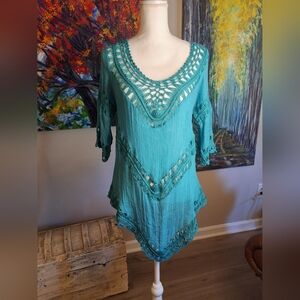 Teal Crochet Tunic Top
